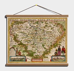 Ancient 1642 Early Antique Decorative Map of Bohemia Cotton Canvas Wooden Hanger