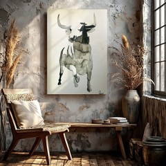Wall Art Abstract Antelope Watercolor Painting Black Gray Animal Print Decor