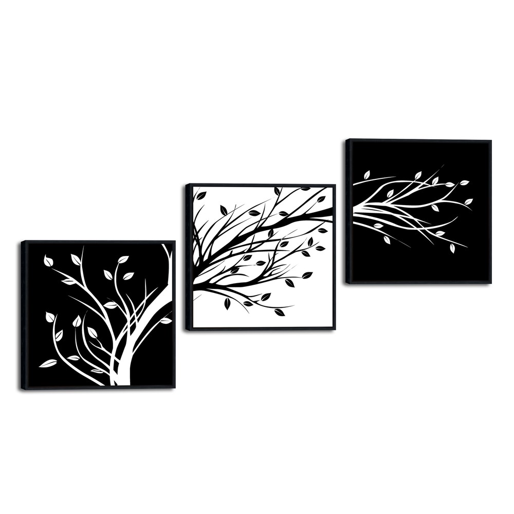 Black Framed Leaves Modern 3 Panels Artwork Black and White Abstract Floral Tree