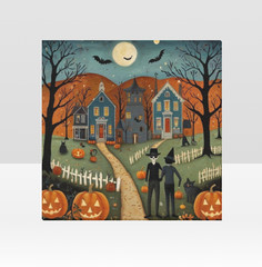Wall Decor Framed 12X12 Canvas Art Print Primitive Folk Art Americana Halloween