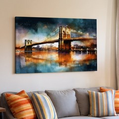 Abstract Brooklyn Bridge cityscape canvas wall art modern urban night print
