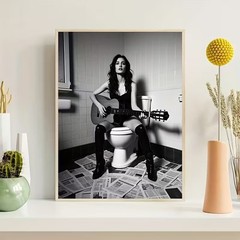 Elegant Woman Playing Guitar on Toilet Retro Poster Bathroom Wall Decor, Noframe