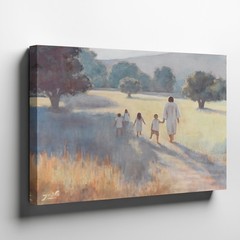 Pastoral canvas wall art with figures and children walking in sunlit field Decor
