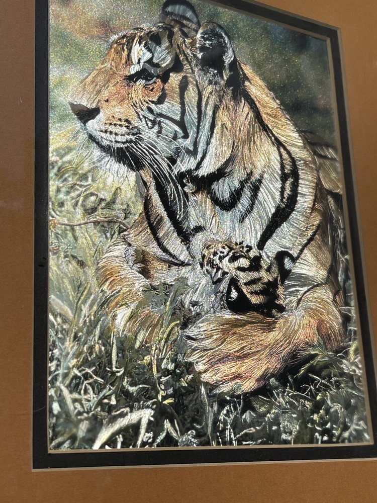 Vtg Holographic Tiger & Cobb Nature Picture Metallic Foil Print
