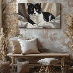Tuxedo Cat In Bed Canvas Cozy Realistic Feline Rest Art Stillness Speaks Wall