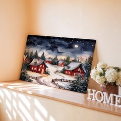 Cozy Winter Village Canvas Wall Art Snowy Red Houses Moonlight Forest Print
