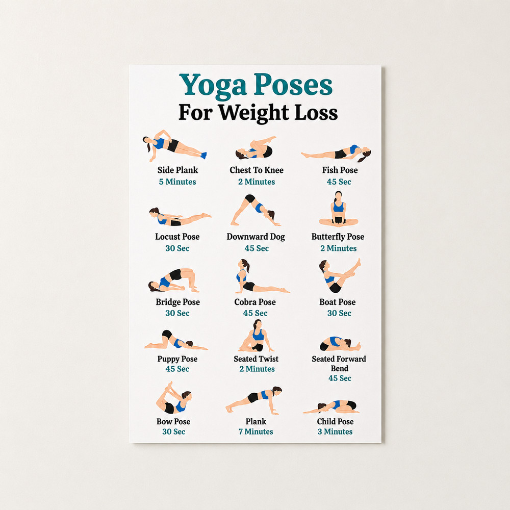 Yoga Poses for Weight Loss Poster Exercise Chart Wall Decor | Multiple Sizes