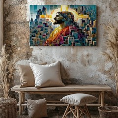 Abstract geometric cityscape with halo figure modern art canvas wall decor print