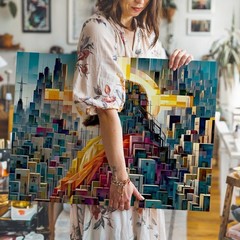 Abstract geometric cityscape with halo figure modern art canvas wall decor print