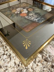 VINTAGE Daliahs In Delft Vase Print Mirror Mat, Framed MCM 17 1/4”Hx14 1/4”W