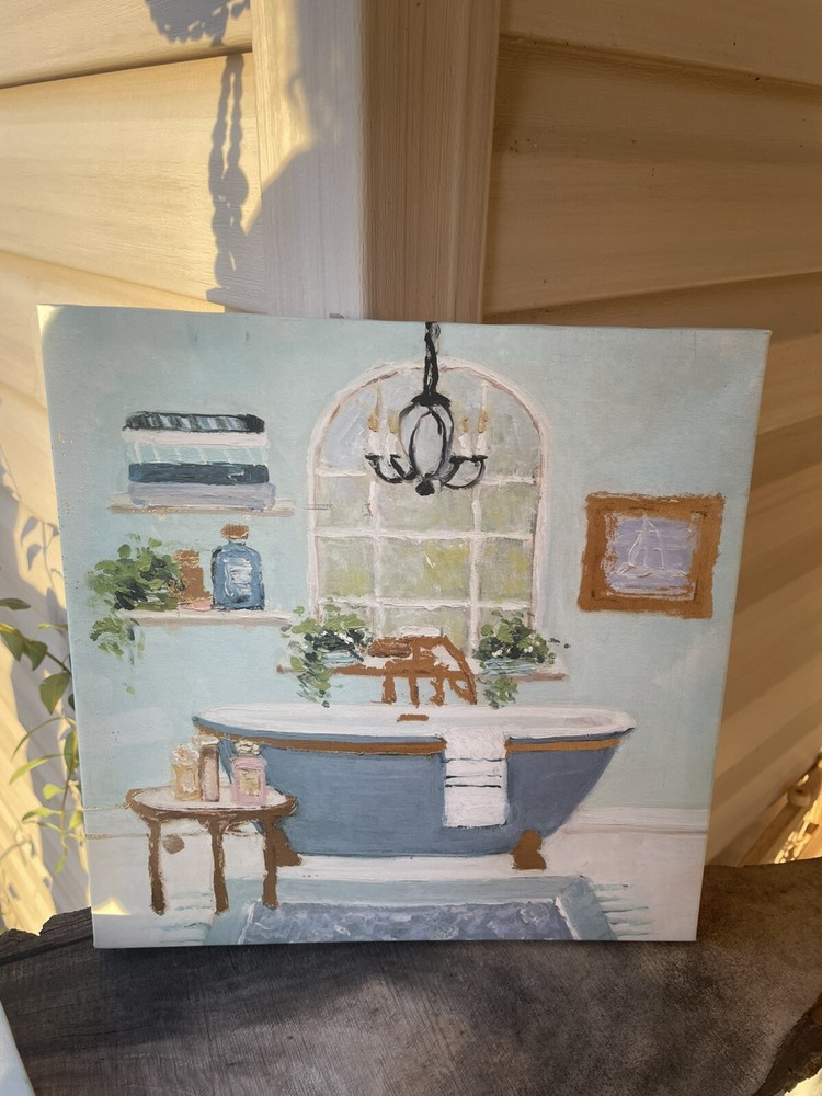 2 Pc 12 X 12 Canvas Art Bathroom Theme Wall Hangings Blue W/ Gold Details Fancy