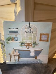 2 Pc 12 X 12 Canvas Art Bathroom Theme Wall Hangings Blue W/ Gold Details Fancy