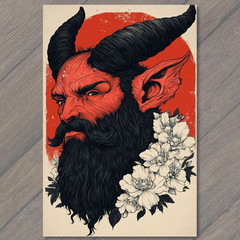 Art Print Devil Face Red Skin Black Beard Horns Flower Collar Bold Fantasy Art