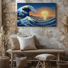 Large Ocean Wave Canvas Wall Art Sunset Seascape Blue Water Coastal Decor Print