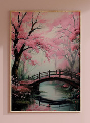 Sakura Tree Art Poster – Japanese Bridge – Pink Cherry Blossom Wall Art Decor