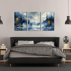 Blue Forest Trees Canvas Art – 3 Piece Set for Living Room & Office Decor
