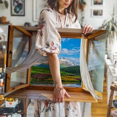 Wall Art Picturesque View From A Large, Open Wooden Window, Framed By Elegant