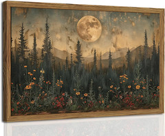 Vintage Nature Forest Wall Art Dark Moon Landscape Painting Wall Decor Woodland
