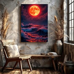 Wall Art Red Full Moon Ocean Waves Night Sky Seascape Canvas Print Modern Decor