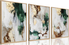 3Pcs Green and Gold Canvas Wall Art Abstract Posters Print Brown and Gray Line P
