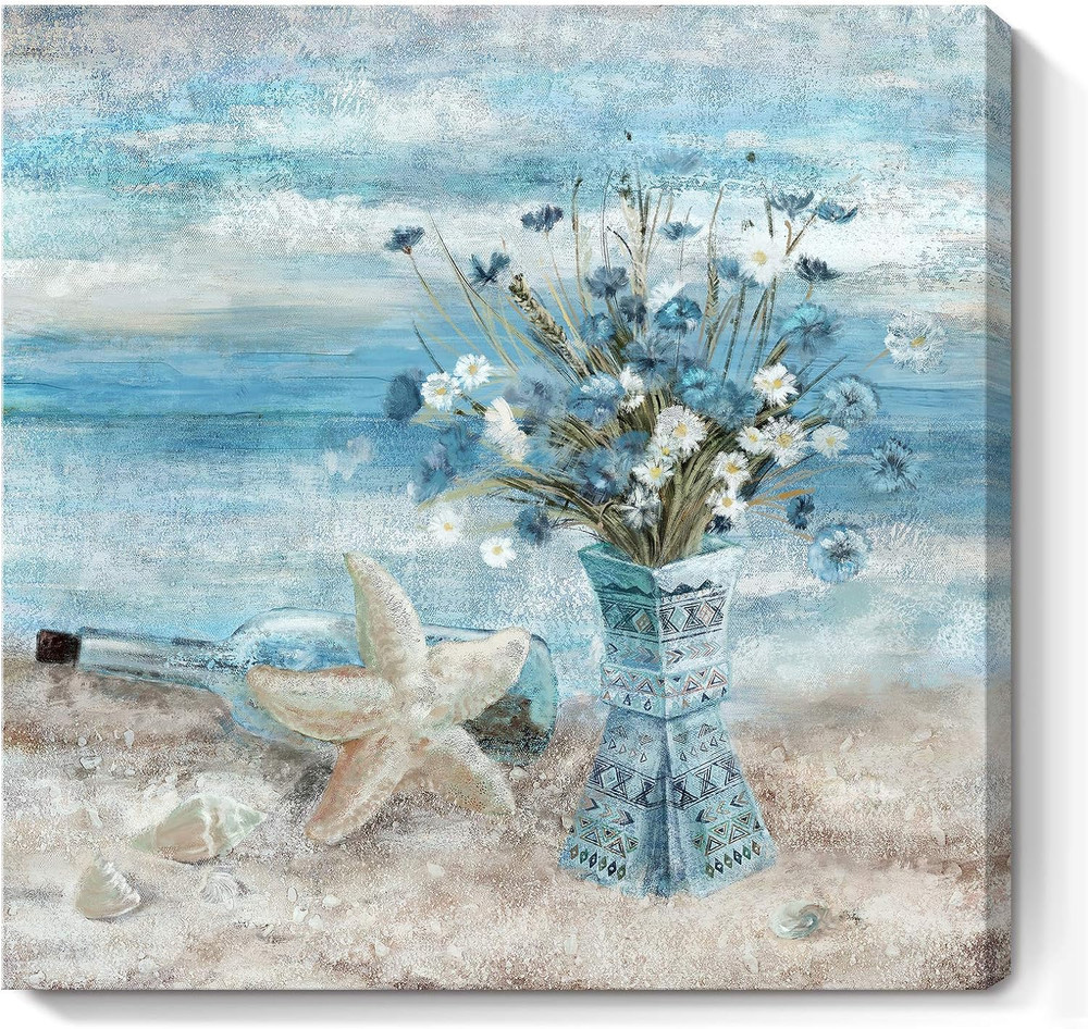 Bathroom Decor Wall Art Blue Beach Picture Ocean Theme Flower Canvas Print Moder