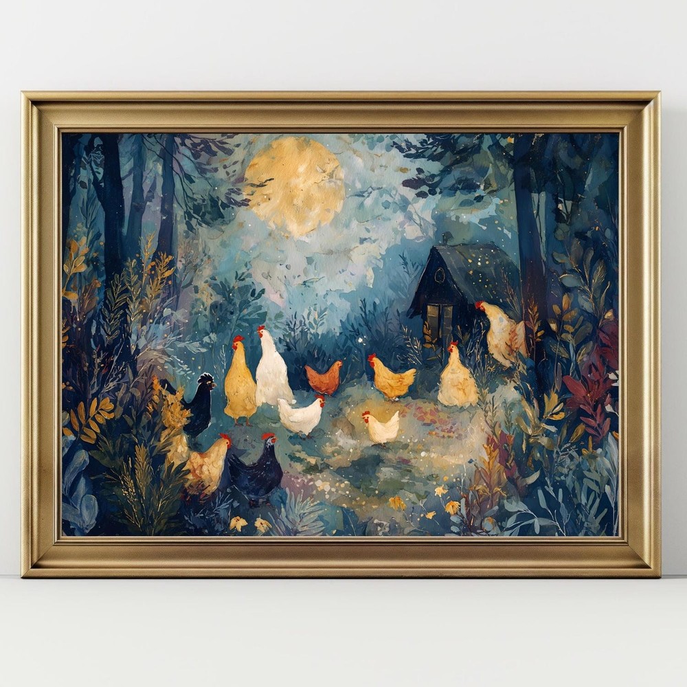 Moonlit Forest Chickens Poster – Whimsical Country Farm Art Print