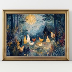 Moonlit Forest Chickens Poster – Whimsical Country Farm Art Print
