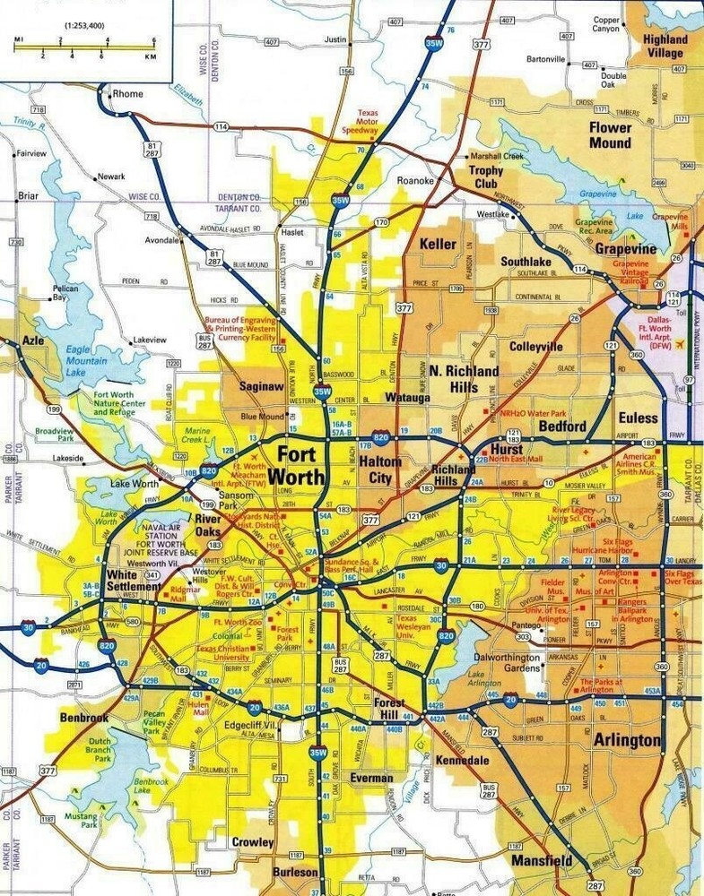 Fort Worth Texas City Map of Roads & Highway Glossy Poster Picture Photo Print