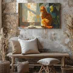 Sunlit Tabby & Tea Canvascozy Cat Scene In Warm Painterly Style Wall Art