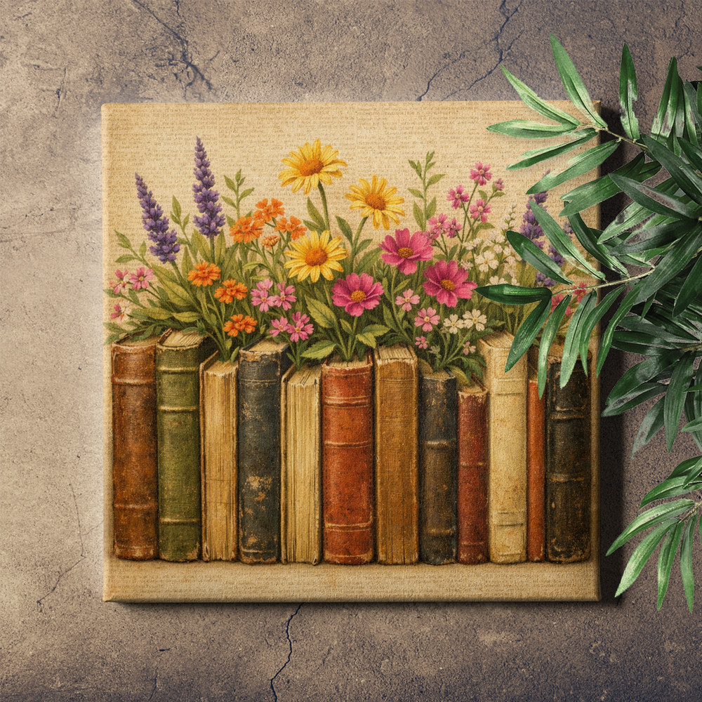 Old Books and Wildflowers Vintage Gallery Wrapped Canvas Art