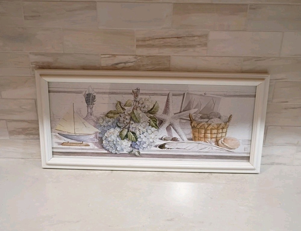 White Framed Coastal Boat Starfish Hydrangeas Print Size 19.5 x 8.5 Made In USA