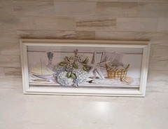 White Framed Coastal Boat Starfish Hydrangeas Print Size 19.5 x 8.5 Made In USA