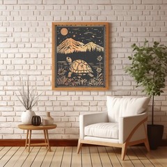 Vintage TURTLE MOON FLOWER Wall Art, Tortoise Mountain Botanical Celestial Decor