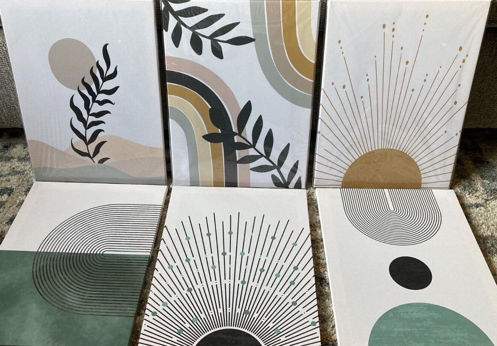 Boho Wall Art 6 Abstract Prints on Canvas Sage Green/Tan BRAND NEW OPENED BOX