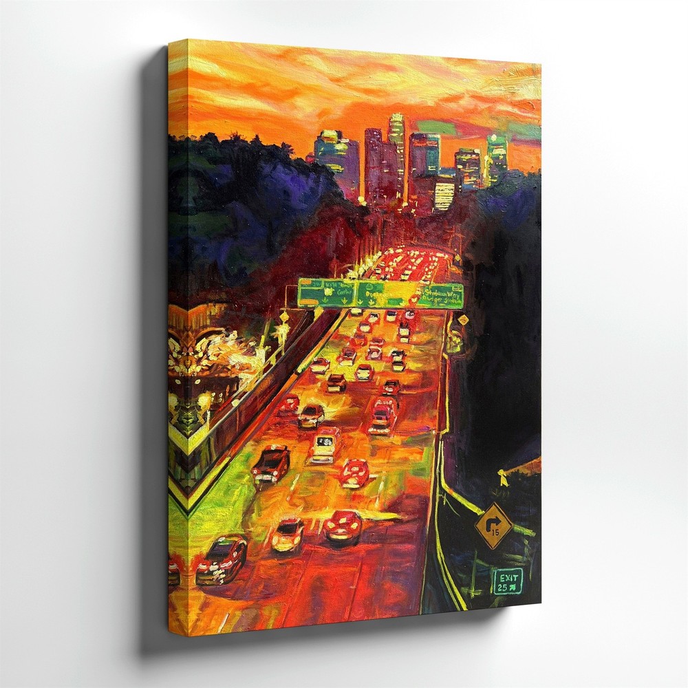 Wall Art City Traffic Sunset Painting Urban Highway Skyline Canvas Print Decor