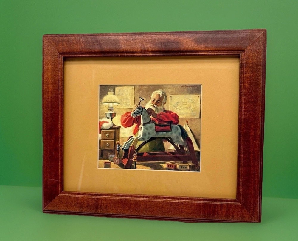 Vintage Christmas🎄SANTA MAKING TOYS FRAMED ART Rocking Horse GUC Cute Holiday