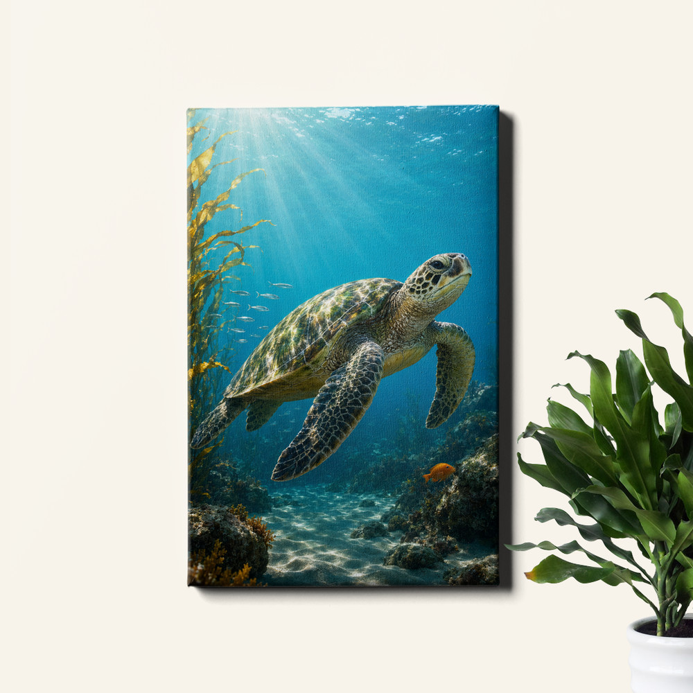 Sea turtle underwater sunbeams illustration Art Print
