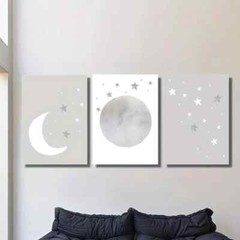 3pcs Neutral Gray Moon and Stars Wall Art Canvas Unframed/Framed