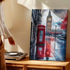 London Big Ben Red Telephone Booth Rainy Street Cityscape Wall Art Gift Decor