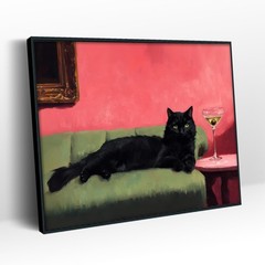 Funny Black Cat With Martini Canvas Wall Art Cute Cat On Green Sofa Wall Deco…