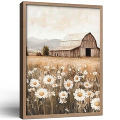 Framed Canvas Wall Art Rustic Barn Daisy Field Print Country Landscape Poster…