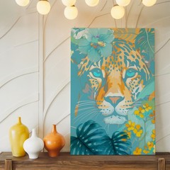 Tropical Jungle Leopard Canvas Wall Art Blue Orange Floral Exotic Animal Print