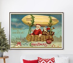 1909 Santa in a Blimp Poster: Vintage Christmas Art, Toys, Holiday Decoration