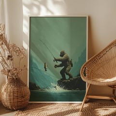 Fly Fishing Bigfoot Poster, Funny Sasquatch Art, Rustic Cabin Wall Decor