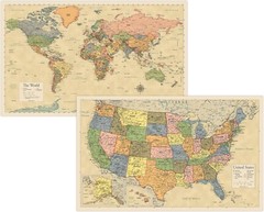 2 Pack – Laminated World Map & US Map Poster Set – Wall Chart Map of the World &
