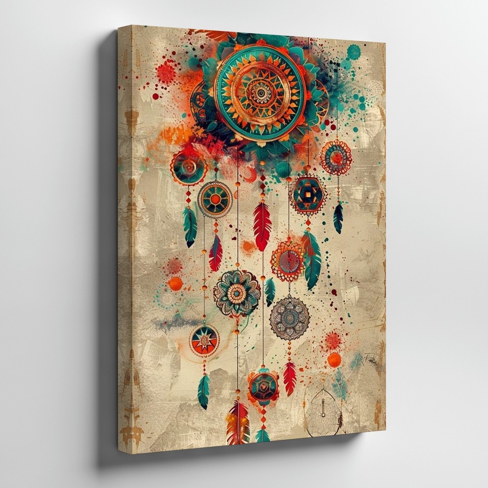 Boho Dreamcatcher Canvas Wall Art Colorful Abstract Feather Bohemian Decor Print
