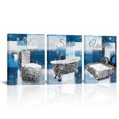 Elegant Bathroom Wall Art Set, 3 Piece Canvas Print with Glitter Effect, Blue…