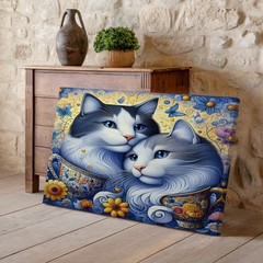 Blue and White Cats in Colorful Teacups with Flowers and Butterfly Canvas Art