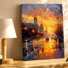 Wall Art City Street Sunset Painting Rainy Urban Landscape Canvas Print Decor