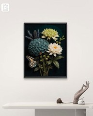 Handmade Oil Painting Floral Still Life Butterfly Hydrangea Wall Art Framed Dark